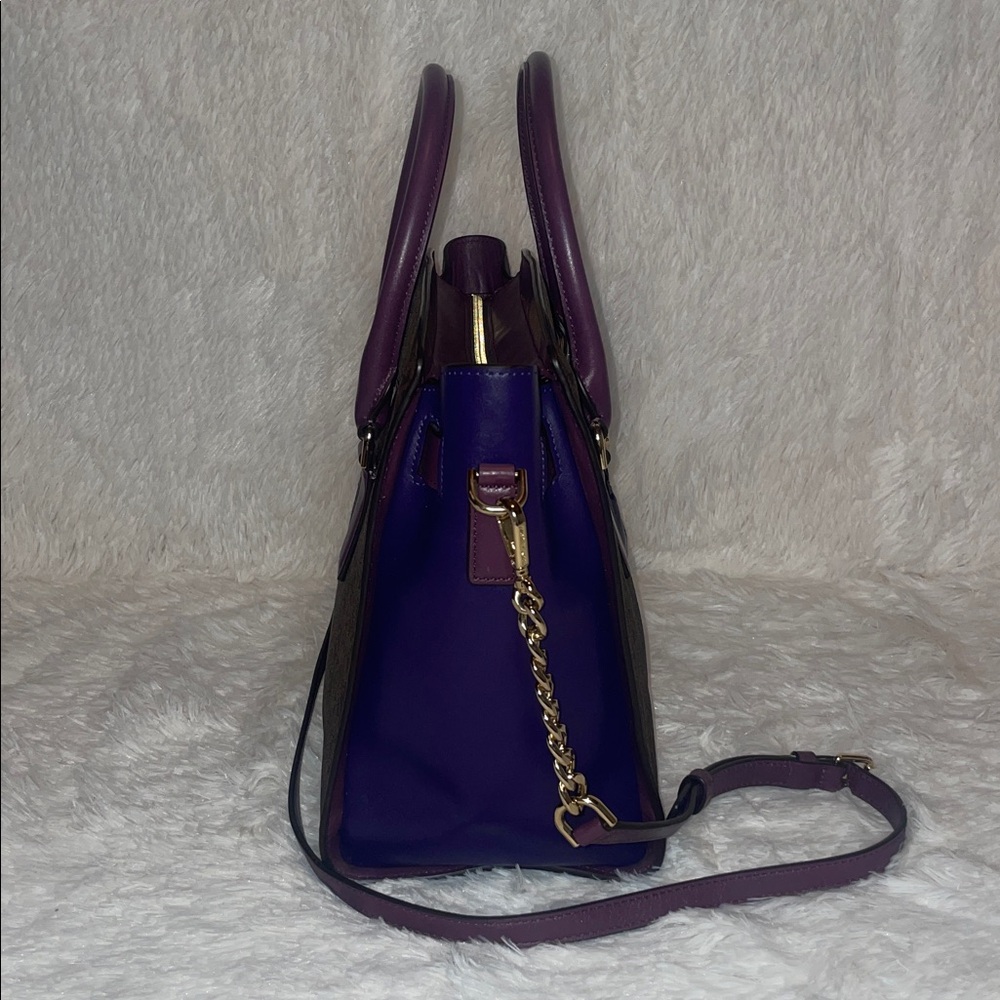 Michael Kors Hamilton Plum Violet Leather & Signature Monogram Canvas Satchel - Picture 7 of 17